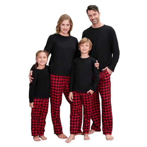 Family Matching Christmas Pajamas Set - Cotton Long Sleeve Solid Top & Plaid Pants | Holiday Matching Pajamas