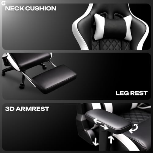 Image of CELLBELL Shadow FT Ergonomic Gaming Chair with Footrest Premium PU Leather 4D Armrests 180 Degree Recline Class 4 Hydraulic Tilt Lock Diamond Design Heavy Duty Base 60mm Wheels (White)