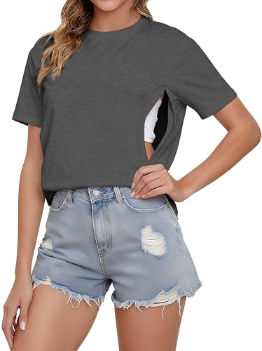 Image of Comfort Breastfeeding Shirts for Women Zip Nursing Tops Causal Distressed Acid Washed Maternity Tees