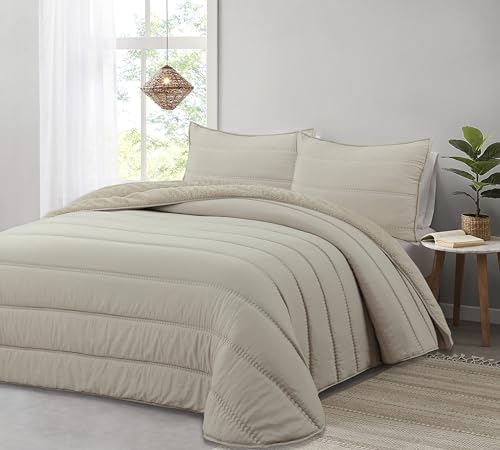 Liniva Home Comforter De Microfibra con Reverso de Borreguito. Edredón 100% Microfibra Tacto Extra Suave - Modelo Eliana - Incluye Funda de Cojín. (Lino, Cama 90 cm)