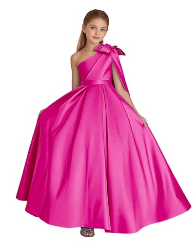 One Shoulder Flower Girl Dresses Satin First Communion Dress Pageant Dress Ball Gown with Bow