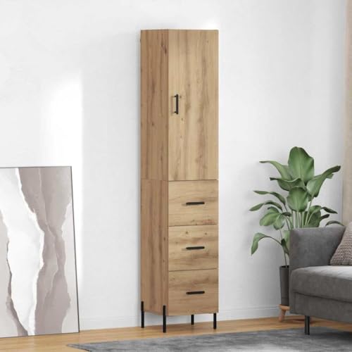 Image of LoogCape High Quality Artisan Oak Highboard 34.5 x 34 x 180 cm Wood Material with Drawer Door Compartment and Storage Space Ideal for Kitchen Dining Room Living Room Hallway Office