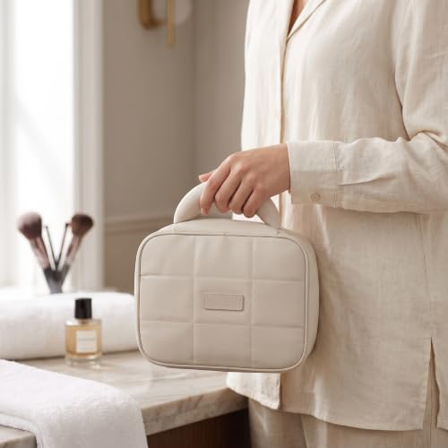 Image of WEMOL Travel Fashion Cosmetic Organizer Bag, Quilted -(Quilted - Ivory) | Detachable Pouch, Super Soft, For Brushes, Toiletries, Cosmetics, For Women