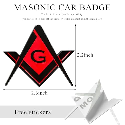 Image of DXNQ 2 PCS Masonic Car Emblem, 2.6 inch Chrome Plated Masonic Emblem Auto Stickers for Freemasons, Metal Mason Square and Compasses Car Decals for Most Vehicles, Car Accessories (Black&Red)