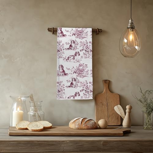 Image of Chinoiserie Cavalier King Charles Spaniel Kitchen Towels, King Charles Cavalier Gifts Dish Tea Towels for Kitchen, Grandmillennial Toile de Jouy Dog Hand Towels for Bathroom, 16x24 Inch (Red)