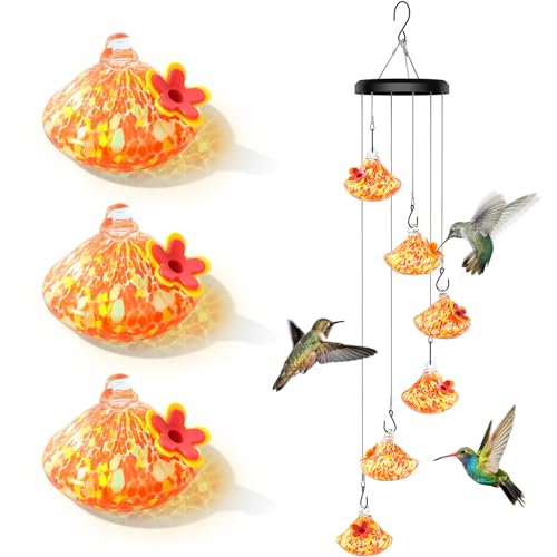 Wind Chime Glass Hummingbird Feeder - 20 Oz Outdoor Hanging Feeder with 6 Ports Attract More Hummingbirds Leak-Proof Design Unique Garden Decor Ideal Gift (Orange)
