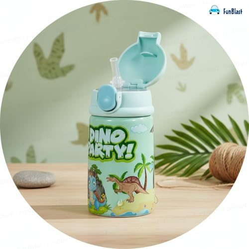 Image of FunBlast Dino Party Water Bottle with Straw for Kids - Insulated Stainless Steel Bottle, Anti-Leak, Cute Design, 300 ML Capacity, BPA Free