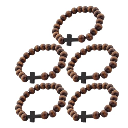 Beaupretty Pulsera de Cuentas de Madera Cristiana Elástica con Cruz Marrón Pack de 5 Unidades Joyería Religiosa para Mujer y Hombre Pulsera de Oración y Fe Católica para Bautizo y