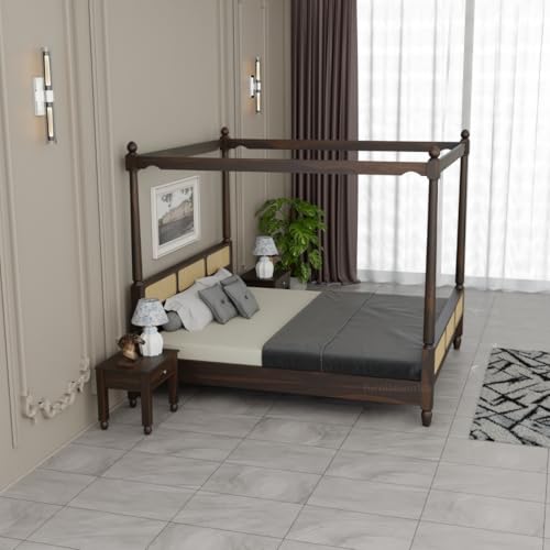 Image of King Size Four Poster Bed Sheesham Wood, Wooden Double Bed Cot, Solid Wood Bed Furniture for Bedroom (Rattan-Walnut-King) 1 Year Warrenty