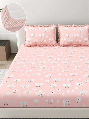 Image of 380 TC Premium Glace Cotton Elastic Fitted Bedsheet King Size with 2 Pillow Covers King Size | Double Bed with All Around Elastic (Pink Frill, Fitted Queen-60x78)