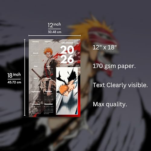 Image of 2026 Anime Calendar - Ichigo Kurosaki (red) from Bleach | 12 inch x 18 inch size | Wall Decoration Aesthetic Calendars
