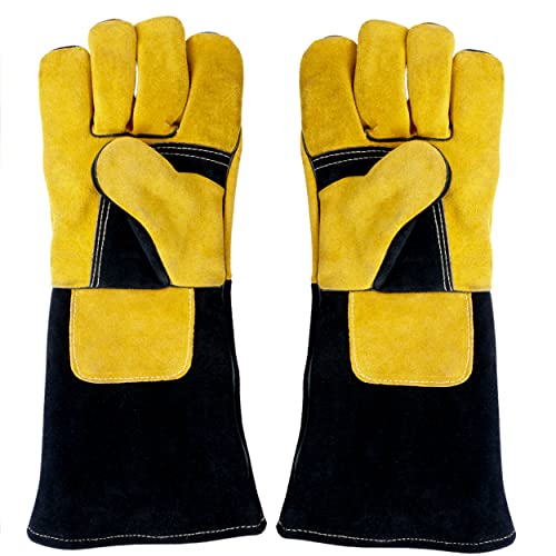 Tuffwear 932℉ Premium Real Kevlar Thread Leather Welding Gloves/Mig/Tig/Stick/Forge,Men,Women/Bbq/Campfire/Fire Pit,Wood,Stove,Cooking, (16 Inch, Black Yellow) #TOP7