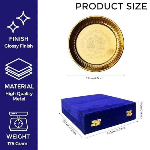 Image of Pure Source India Gold Plated Laxmi Ganesh Pooja Thali Set with Velvet Box for Diwali /Pooja Room /Diwali Gifting |ReturnGift (8.6 Inch)