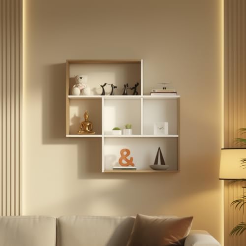 Image of RETICA Multipurpose Modular Wall Racks /Shelves /Organiser /Decor Particle Board Wall Shelf (Number of Shelves - 5, Beige, White)
