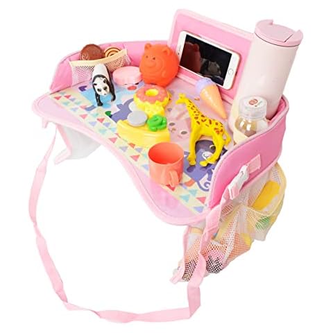 DQTYE Car Play Trays for Kids Childrens Car Seat Activity Tray Play Tray Lap Desk Drawing Snack Play Trays with Mesh Pockets - Pink Cover