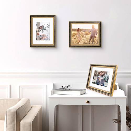 Image of Golden State Art,8.5x11 Ornate Picture Frame Holds 6x8 Photo,Black Gold | Includes plexiglass front,white mat,easel stand,build-in hangers /buttons.Display 6x8 photo.Great for home decor or as a gift