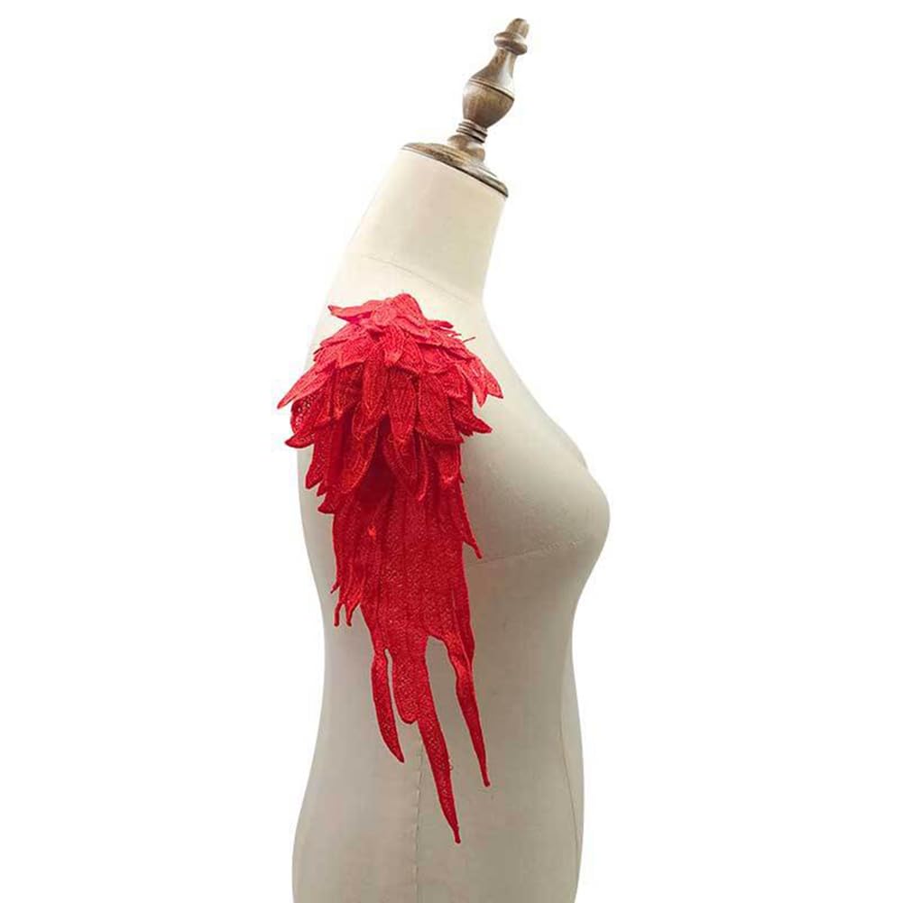 Egurs 1 Paar / 2 Stück 3D Stickerei Engelsflügel Applikation Patch Nähapplikation Schulterflicken Spitzenapplikation Besatz für DIY Kleidung T-Shirt Jeans Nähen Bastelbedarf Zubehör Rot 39 * 15cm