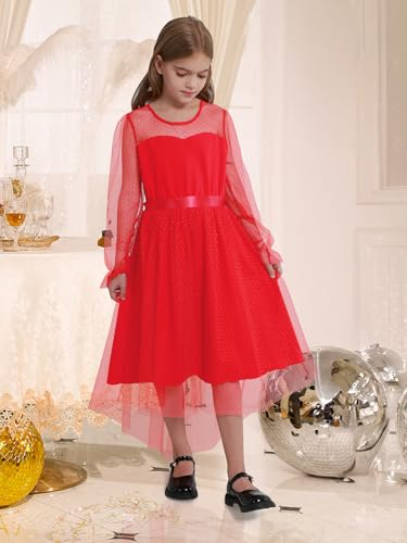 Ochine Girls Dresses Tulle Contrast Mesh Long Sleeve Twirly High Low Party for Girl Dress 9-16 Years2
