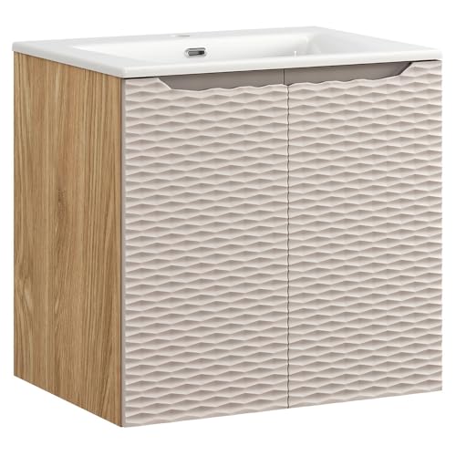 Lomadox Badezimmer Waschtisch 60cm in Eiche, Front in beige mit 3D-Oberfläche