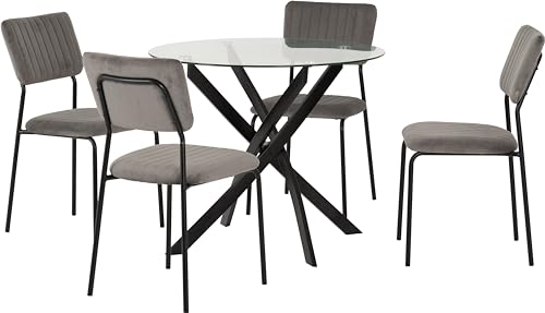 Seconique Sheldon Round Glass Top Dining Set including 4 Dining Chairs in Clear Glass/Black/Grey Velvet Fabric - Image 2