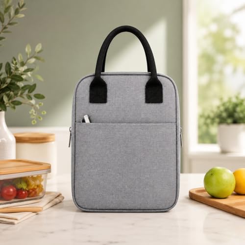 Image of Start Fount Lunch Bag for Office, School & College, Reusable Tiffin Carry Bag with Zipper & Front Pocket, Lightweight Lunch Organizer Bag for Men & Women, Grey
