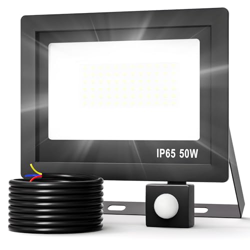 Realky 50W Fari Led da Esterno con Sensore di Movimento, IP65 Impermeabile Faretto Led Esterno 5000LM, 72 LED 6500K Bianca Fredda - Fari Led Interna ed Esterna per Giardino Cortile Garage