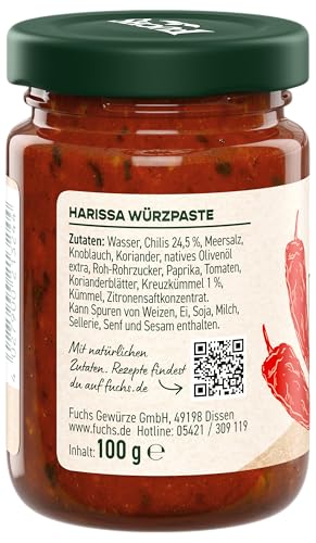 Fuchs Gewürze - Harissa Paste | Scharf-würzige Würzpaste mit natürlichen Zutaten, mit 24,5% Chilis | Ideal zu Couscous und Suppen | 100 g in wiederverschließbarem Glas