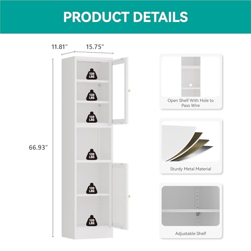 Image of 67 inch Tall Narrow Storage Cabinet with Glass Door and Open Shelf,Metal Pantry Cabinet with Adjustable Shelves,Shaker Style Slim Cabinet for Bathroom Kitchen Small Spaces, White, 1Pc