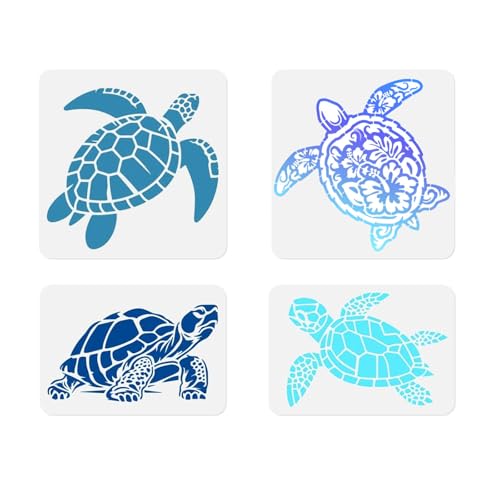 4Pcs Sea Turtle Stencils for Painting, Reusable Plastic Turtle Wall Stencils for Wood Floor Fabric Glass Furniture,DIY Home Decor, Craft Painting Templates, Art Supplies