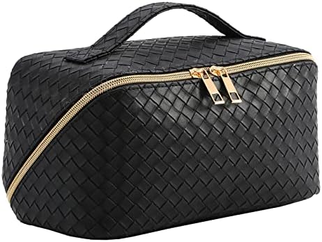 Baonmy Makeup Bag Large Capacity Travel Cosmetic Bag Travel Makeup Bag Makeup Organizer Cosmetic Bag Checkered Lay Flat Makeup Bag with Handle and Divider (Black)