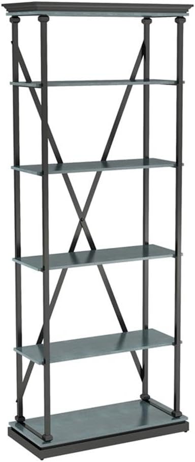 BOWERY HILL Industrial Metal Bookcase, 33-Inch, Antique Blue Finish, MDF Oak Veneer and Steel, 5 Shelf Open Back Design, X-Cross Brace, Versatile Storage for Bedroom, Living Room, Home Office