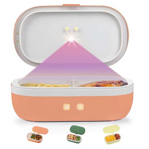 UVI, Self Sanitizing Electric Lunch Box for Adults, Portable Food Warmer w/Ultraviolet Sanitizer & Self Sanitizing Light for Work & Travel, Portable Heated Lunch Box for Men & Women, Salmon