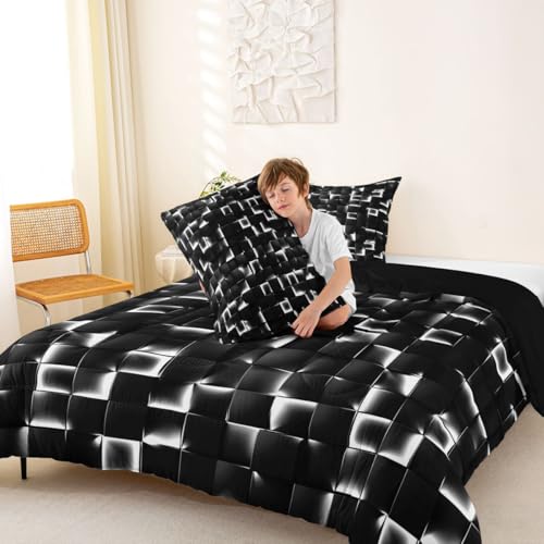 Image of Erosebridal Geometric Checkered Comforter Full Size Neon Black White Comforter Set for Kids Teen Men Gamer Room Decor,Abstract Ombre Plaid Bedding Set Grids Quilt Duvet