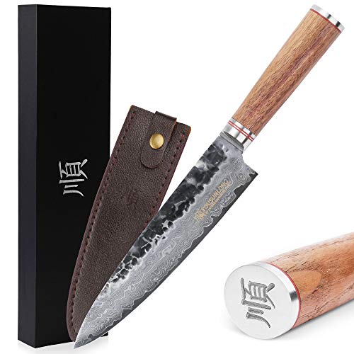 YOUSUNLONG Chefs Knives 8 inch Japanese Hammered Damascus American Walnut Handle with Leather Sheath