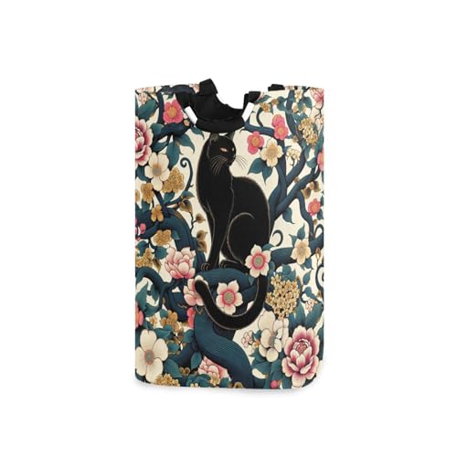 Jihqo Laundry Hamper Basket Black Cat and Japanese Flowers Collapsible Nursery Storage Bin Waterproof Clothing Baskets for Home Bedroom Bathroom Washing Room