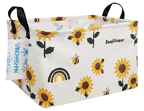 Image of LANGYASHAN Rectangular Storage Bin Collapse Canvas Fabric Cartoon Storage Basket with Handles for Organizing Home Kitchen Boys and Girls Toys Office Closet Shelf Baskets(Rec Sunflower)