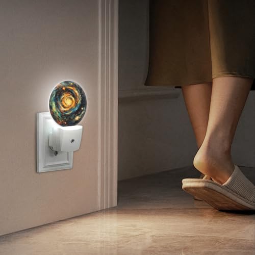 Image of LED Night Lights Lamp with Dusk to Dawn Sensor, Orange-Blue Rotating Galaxies Night Light Plug Into Wall for Kids Room, Bedroom, Bathroom, Kitchen, Hallway
