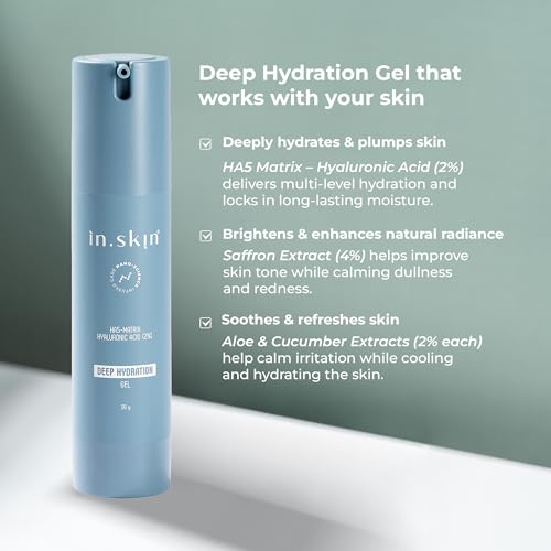 Image of in.skin Deep Hydration Gel with 2% Hyaluronic Acid HA5 Matrix, 4% Saffron Extract & Aloe + Cucumber | Lightweight Hydrating Face Gel for Dry & Dull Skin | Brightening & Soothing Moisturizer (50 g)