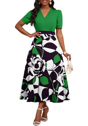 Image of MarryUP Women's Midi Dresses - V Neck Cocktail & Church Tea Dresses - Short Sleeve A-Line Swing Dress