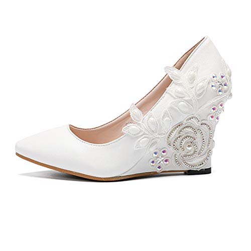Minishion Womens Dress Wedge Shoes for Wedding Bridal Pumps with Lace Flower2