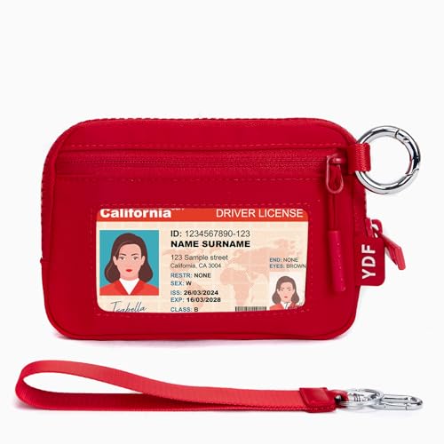 Image of Keychain Wallet for Women Mini Zip Wristlet Wallets with ID Window, Small Coin Purse Keychain Card Holder Organizer, Detachable Strap Gifts for Women, Red
