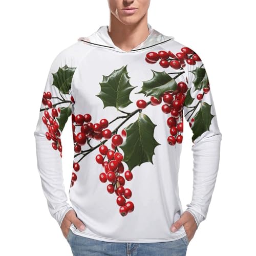 Men's Sun Shirts UPF 50+ Rash Guard Long Sleeve Sun Protection Hoodie Holly Berry Branches Lightweight Shirt 2XL