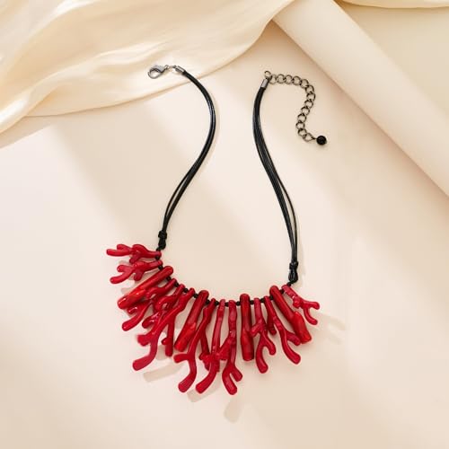 Coral Beaded Necklace for Women Acrylic Red Statement Necklace Adjustable Bohemian Beach Jewelry with Fringe Ocean Theme Summer Necklace Trendy Boho Necklaces for Her4