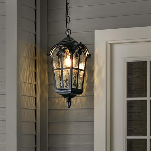 Black Outdoor Pendant Lights for Porch Hallway Patio, Aluminium Exterior Hanging Light Fixture, Outside Waterproof Vintage Hanging Lantern Light, Height Adjustable Outdoor Pendant Lamp