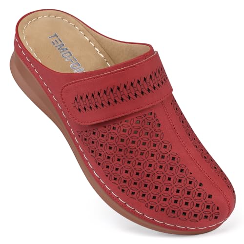 TEMOFON Clogs for Women Mules Shoes: Slip on Leather Closed Toe Sandals Comfortable Arch Support Wedge Shoes Red Size 5