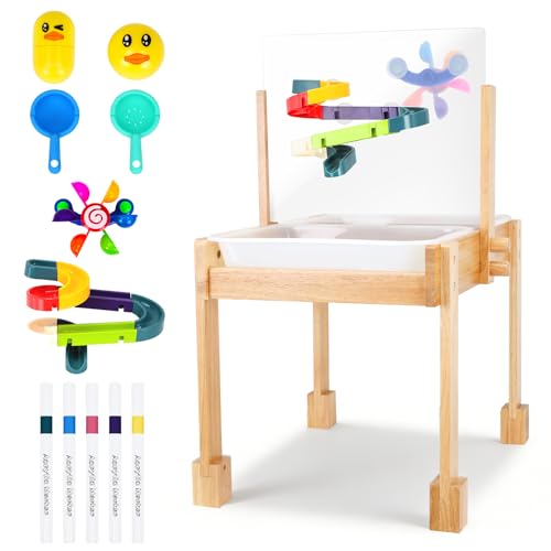 Image of Sand and Water Table for Toddlers, Wooden Activity Sensory Table | Kid Outdoor Toys with Painting PS Board, 2 Collapsible Bins, Beach Accessories, 4 Washable Paint Crayons and Waterproof Cover