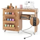 COSTWAY 2 in 1 Nähtisch klappbar mit Ladestation, Nähmaschinenschrank aus Holz mit Regalen, Nähschrank mit abschließbaren Rädern, Nähmaschinentisch Basteltisch für Wohnzimmer, Schlafzimmer (Natur)