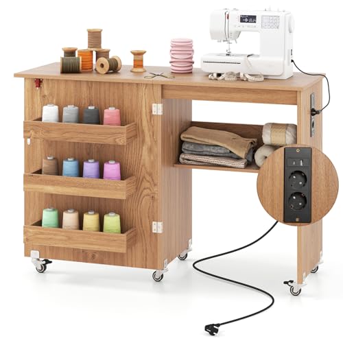 COSTWAY Table de Couture Pliante à roulettes, Armoire pour Machine à Coudre Roulante avec Étagère de Rangement, 3 Bacs Cachés, Meuble Couture pour Salon, Bureau, Studio (Naturel)