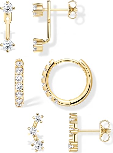 Trendy 14K Gold Plated Earrings for Women Accessories, Stud Huggie Hoop Jacket Stack Cartilage Helix Earring Set for Multiple Piercing, Small Dainty Cute Fashion Birthstone Jewelry Gifts Set