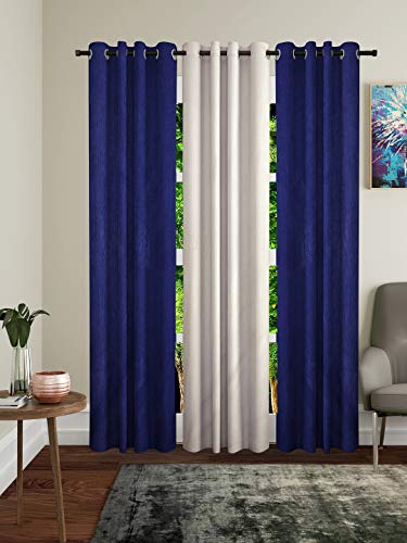 Image of Home Sizzler Polyester 3 Piece Long Door Curtain Set, 9 feet (2 Blue, 1 Cream)